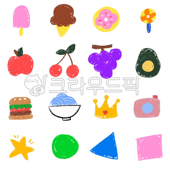 디저트,과일,도형,음식,인스턴트,기타,아이스크림,도넛,사과,체리,왕관,포도,아보카도,햄버거,카메라