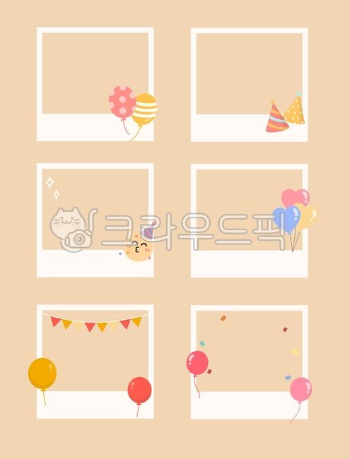 Polaroid,illustration,decoration,birthday,birthday party,decorative elements,decor,balloon,party hat,glitter,emoji,heart balloon,garland,celebration,party,frame,decorating,cute,Polaroid photo