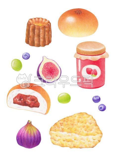일러스트,색연필화,색연필,그림,드로잉,음식,식품,디저트,빵,까눌레,단팥빵,팥빵,과일,무화과,스콘,잼,딸기잼,블루베리,청포도,포도