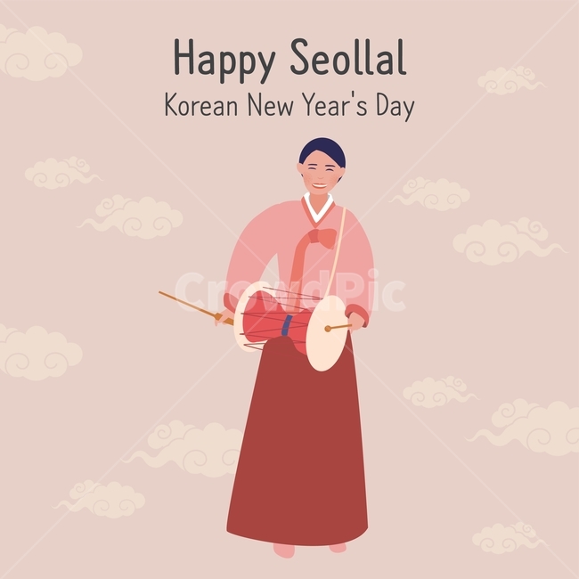 설날,장구,한복,여자,소녀,구름,패턴,한국,기념일,일러스트,캐릭터,핑크