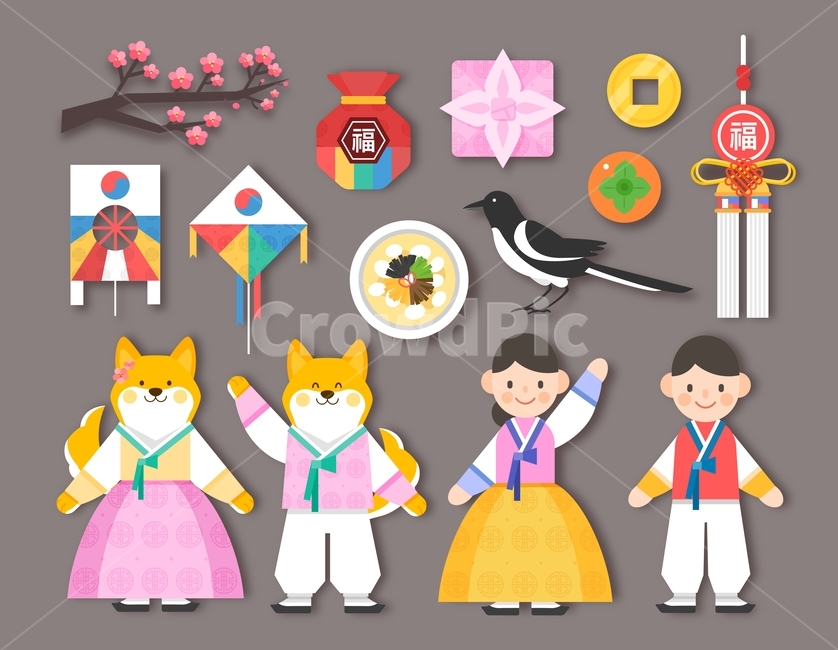 한복,남자,여자,까치,떡국,연,노리개,감,복주머니,매화,신년,새해,구정,명절,겨울,레이어모음,플랫디자인,한국전통,한국문화,korean traditional,korean culture,그래픽,일러스트레이션,graphic,illustration