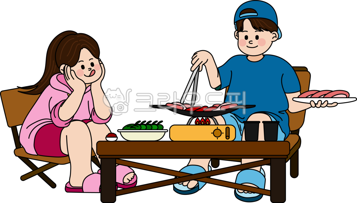 lunch,weekend,summer,BBQ,pork belly,camping chair,vegetable wrap,vacation,man,female,Camping,table,chair,tongs,picnic,people,food,meal,cockle,griddle,meat,campsite