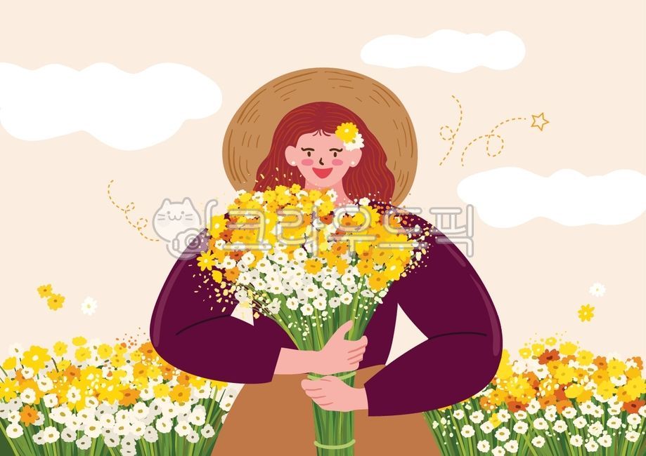 autumn,girl,flower,bouquet,chrysanthemum,grass,plant,sky,cloud,wild flower,flower field,woman,hat,straw hat,celebration,joy,laughter,stem,white,yellow,warmth