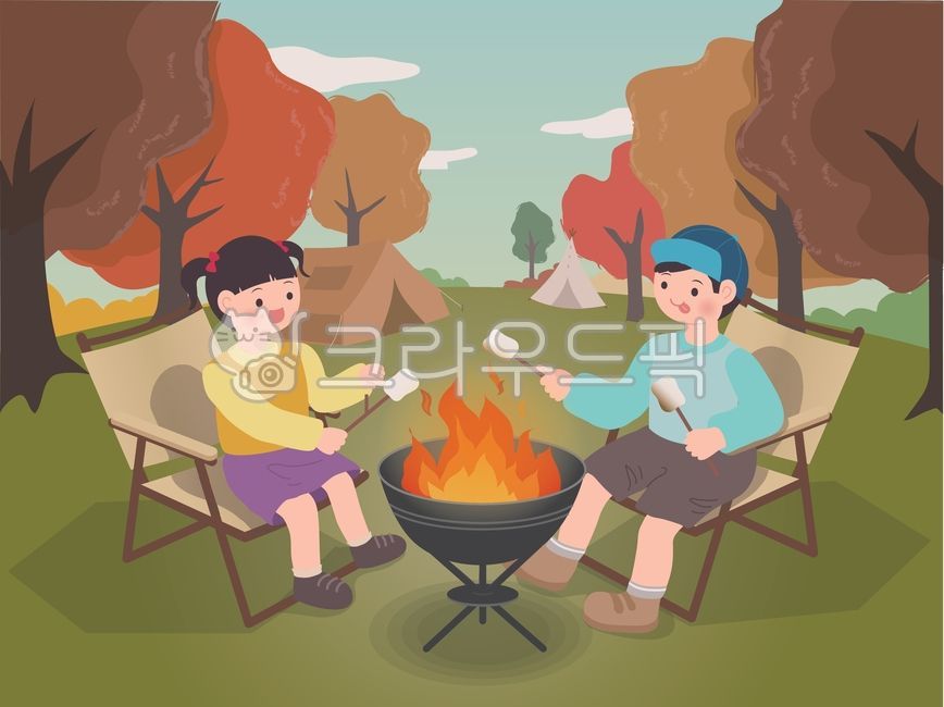 화로,가을,방학,캠핑,휴가,소풍,피크닉,마쉬멜로우,캠프파이어,불,단풍,텐트,의자,벡터,어린이들,미소,행복한,따뜻한,가족,계절,맛있는,간식,달콤한,가을일러스트,계절일러스트,가을배경,캠핑일러스트
