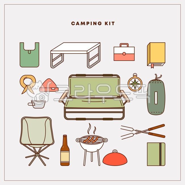 캠핑용품,아웃도어,글램핑,여행,귀여운,아이콘,일러스트,휴가,즐거운,자연,봉투,모자,캠핑의자,테이블,책,수첩,그릴,맥주,나침반,여행,휴가,traveling,vacation,trip,그래픽,일러스트레이션,graphic,illustration