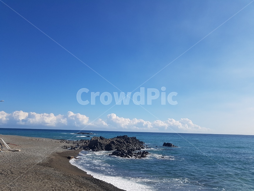 구름,바다,파도,바위,파란,경계,몽실몽실,짙은,해변,바다,beach,sea