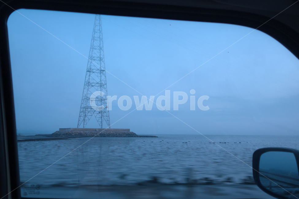 송전탑,차내부,새벽,자동차,해무,바다,갯벌,백미러,풍경,감성사진