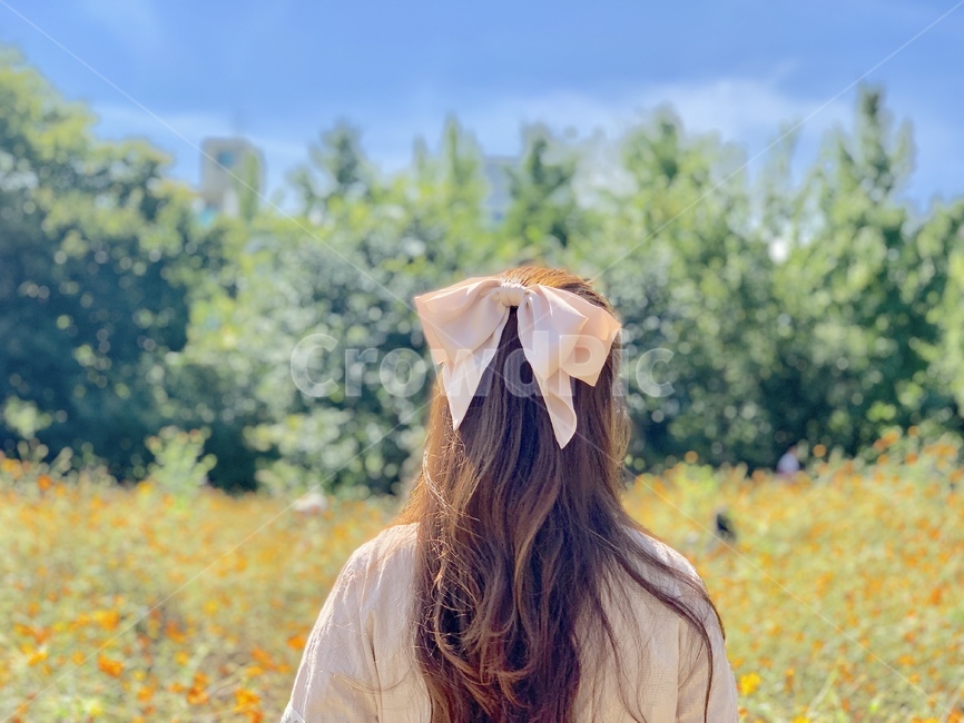 인물,리본,꽃,ribbon,flowers,의복,apparel,의류,clothing,yellow,pink,분홍,노랑,색감,예쁜색감,여자,뒷모습,사람,인물,인간,human,person,여성,여자,woman,female,lady