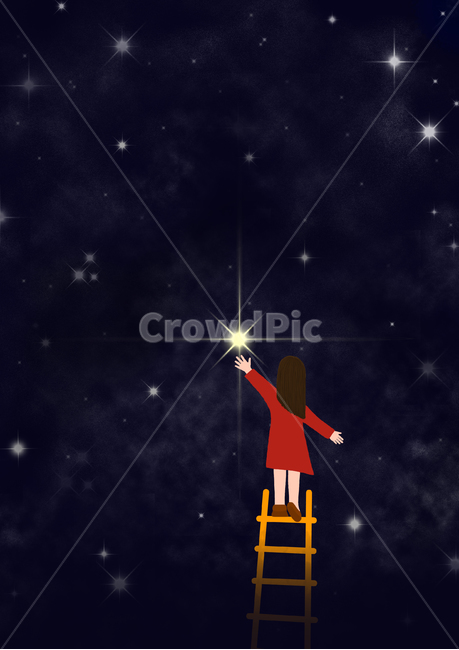 희망,꿈,별,빛,밤하늘,우주,사다리,소녀,어둠,dream,hope,반짝,간절함,허상,목표,행복,설렘,도전,노력,그래픽,일러스트레이션,graphic,illustration