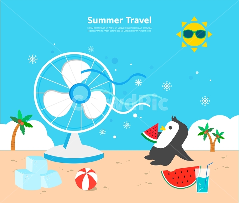 여름,여행,펭귄,해변,선풍기,얼음,일러스트,배경,백그라운드,여름,계절,summer,season,여행,휴가,traveling,vacation,trip,그래픽,일러스트레이션,graphic,illustration