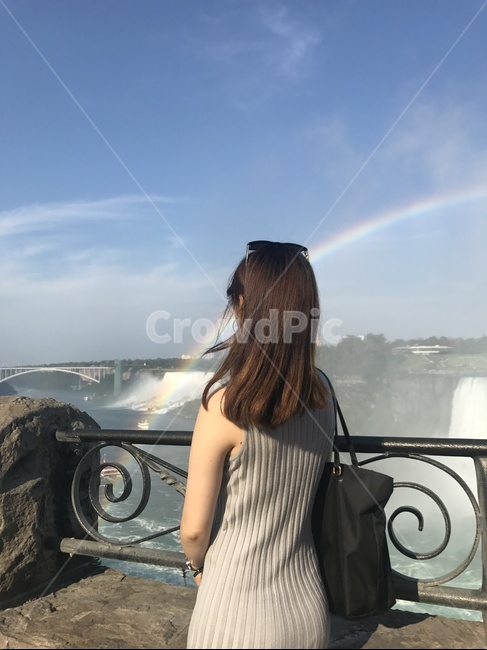뒷모습,무지개,폭포,나이아가라,캐나다,여행,하늘,맑음,레인보우
