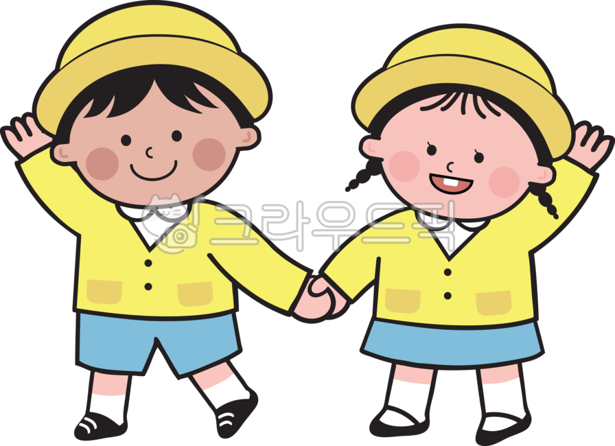 kindergarteners,raising hands,hats,girls,boy,kindergarten illustrations,children,kindergarten characters,man,childrens characters,kids,infants,yellow hats,holding hands,daycare center,Kindergarten,uniforms,girl,child characters,daycare illustrations