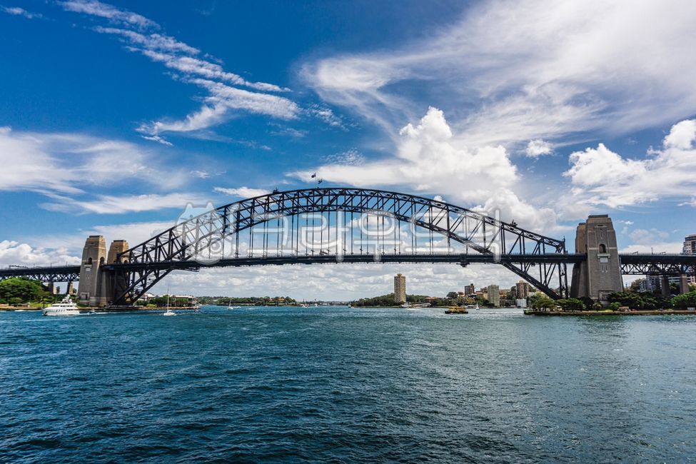 archbridge,city,ship,clouds,sea,building,summer,pier,arch bridge,cityscape,sunny,architecture,sky,australia,transport,boat,transportation,sydney,yacht,outdoors,blue,harbor bridge,river,arch,bridge