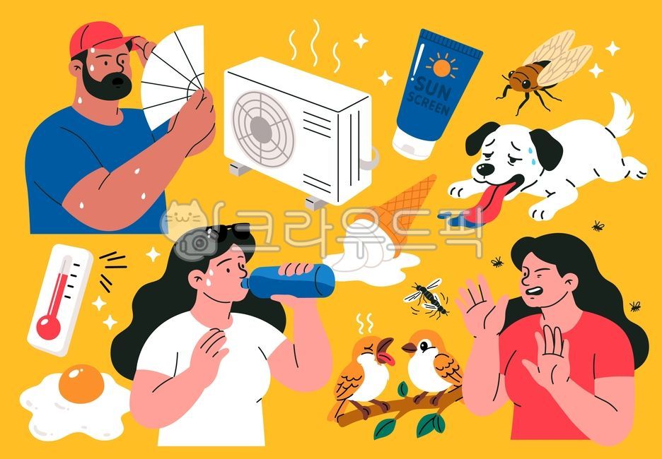 여자,여성,남자,남성,부채,땀,더위,무더위,폭염,음료병,물마시는,수분섭취,에어컨,실외기,자외선차단제,선크림,강아지,개,매미,모기,러브버그,벌레,참새,곤충,새,아이스크림,온도계,계란후라이,햇빛,여름,캐릭터,만화,그래픽,벡터,일러스트,드로잉,디자인