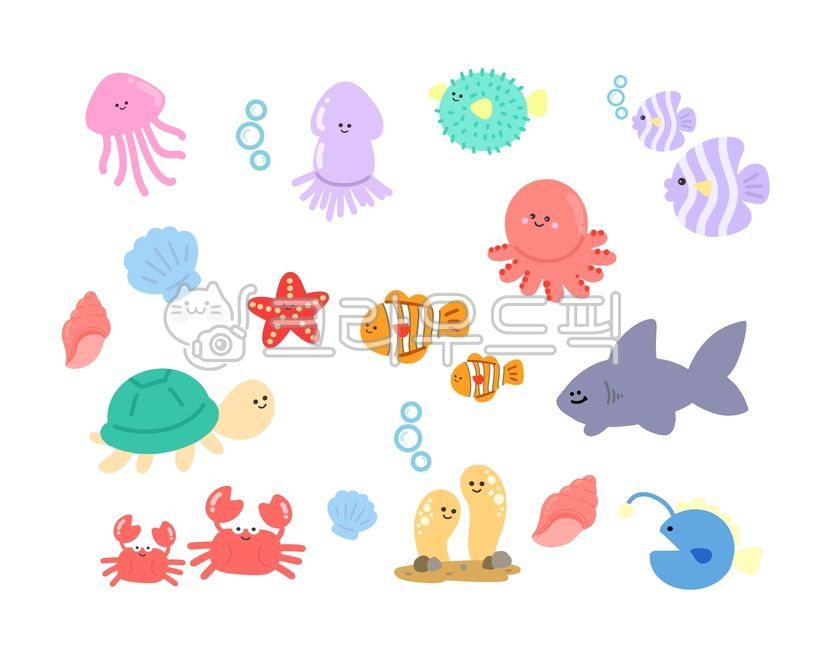 바다,바다생물,해양생물,바다동물,오징어,문어,해파리,니모,게,거북이,말미잘,고동,조개,복어,물거품,바다속,물속,동물,물고기