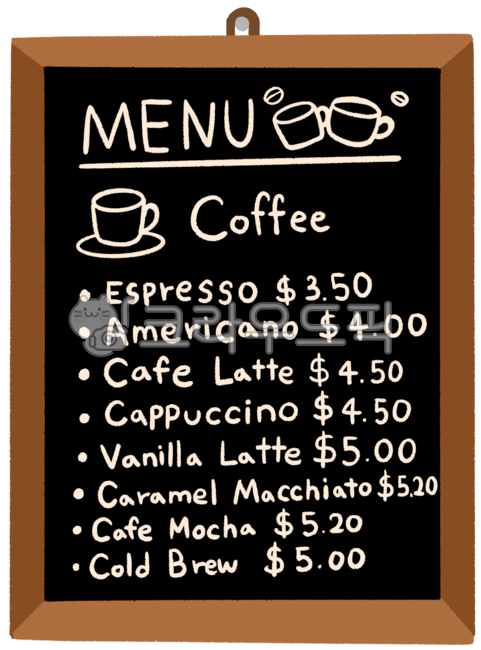 카페,메뉴판,커피,블랙보드,칠판,손글씨,에스프레소,아메리카노,카페라떼,카푸치노,바닐라라떼,카라멜마키아토,카페모카,콜드브루,커피잔,일러스트,빈티지,나무프레임