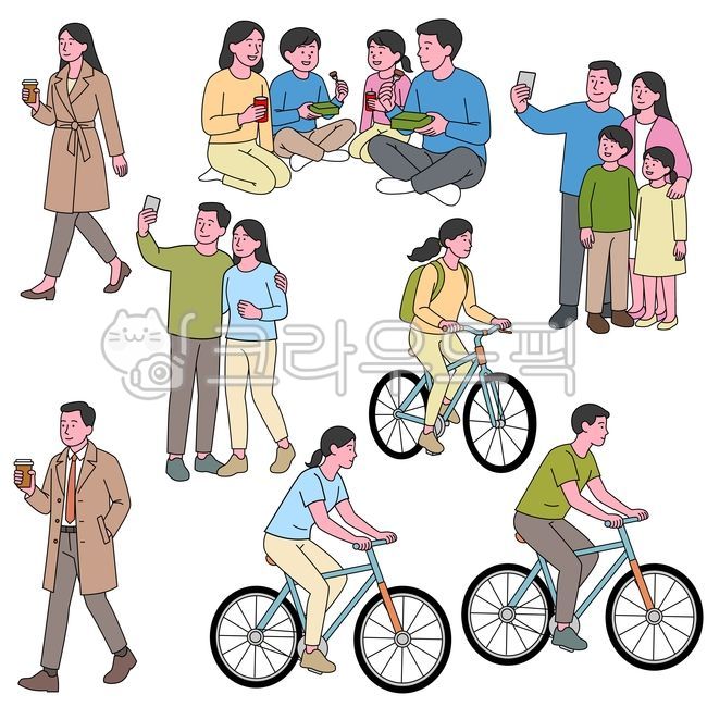 커피,걷기,테이크아웃커피,산책,자전거,사이클링,라이딩,가족사진,셀피,커플,피크닉,야외식사,도시라이프,일상생활,활동,캐주얼패션,성인남성,성인여성,어린이,부모와아이,여행,운동,벡터일러스트,심플일러스트,아침루틴,도심산책,트렌치코트,건강한라이프스타일,커플데이트,주말나들이,휴대폰셀카,가족나들이