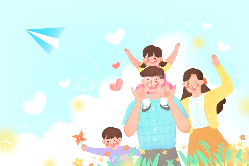 sky,love,harmony,pinwheel,family month,May,dad,Paper airplane,mom,home,cloud,character,grass,person,family,lawn,child