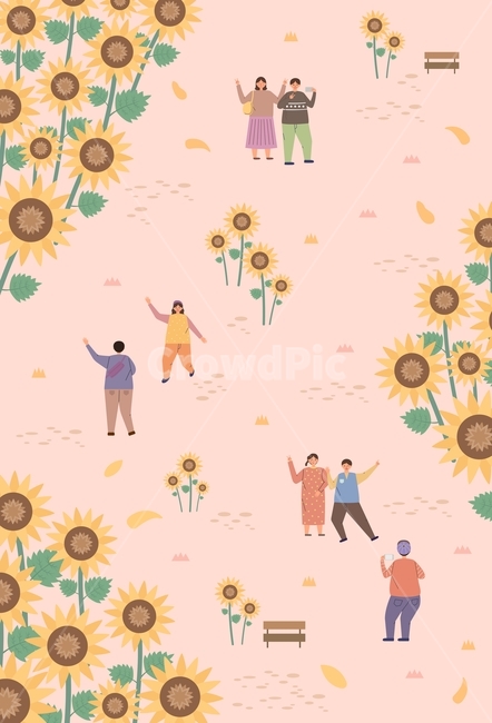 가을,꽃,해바라기,사람,캐릭터,여자,남자,커플,공원,풍경,계절,일러스트,그림,디자인