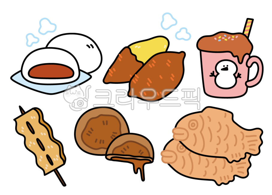 겨울,겨울음식,겨울일러스트,음식일러스트,호빵,군고구마,고구마,핫초코,핫초콜릿,오뎅,어묵,호떡,붕어빵,잉어빵,붕어빵일러스트,고구마일러스트,호빵일러스트,호떡일러스트