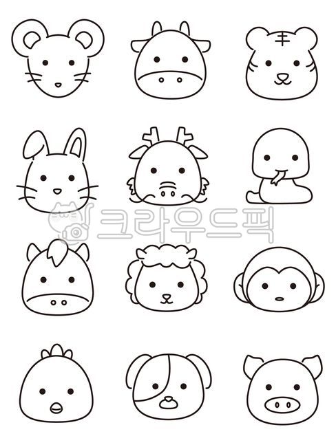 Animals,zodiac,animal faces,cute,simple,line drawing,new year,season,mouse,rat,ox,tiger,rabbit,dragon,snake,horse,sheep,monkey,chicken,puppy,pig,animal set