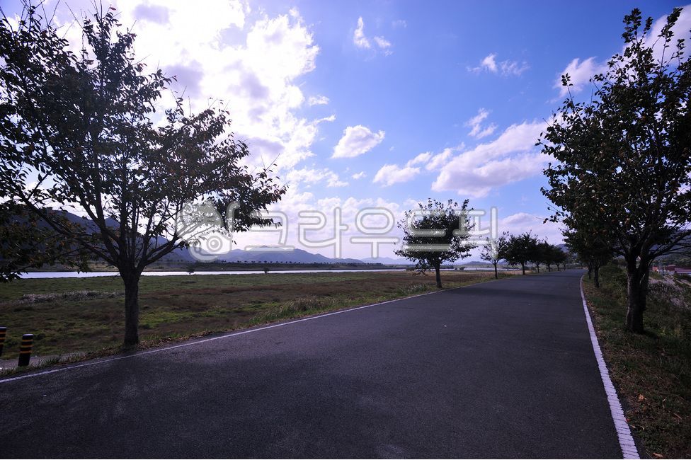 blue sky,colonnade,white clouds,road name,autumn,asphalt