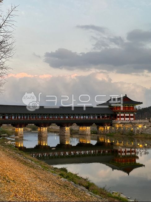 경주,월정교,야경,연못,건축물