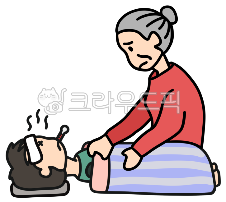 할머니,손자,병간호,간호,간병,고열,냉방병,병,어린이,아픈,이불,체온계,물수건