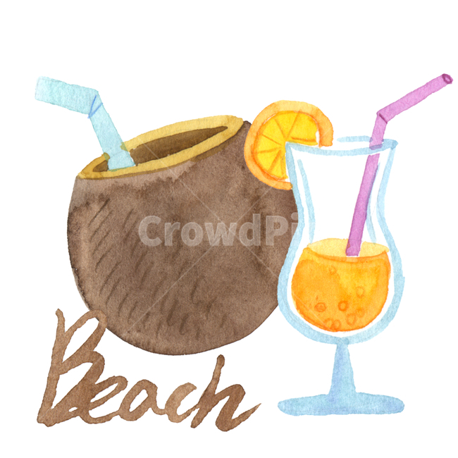 야자열매,코코넛,비치,디저트,오랜지주스,휴식,후식,beadh,주스,쥬스,빨대,카페,과일주스,수작업,수채화,일러스트,삽화,plant,식물,음료수,drink,beverage,그래픽,일러스트레이션,graphic,illustration