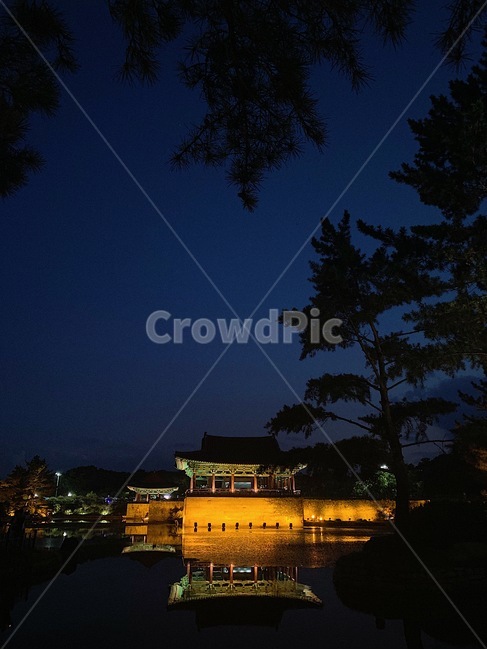 night view,nature,Anapji Pond,Wolji Pond,water,Gyeongju,building,Donggung and Wolji Pond,korea,Hanok,eaves,architecture