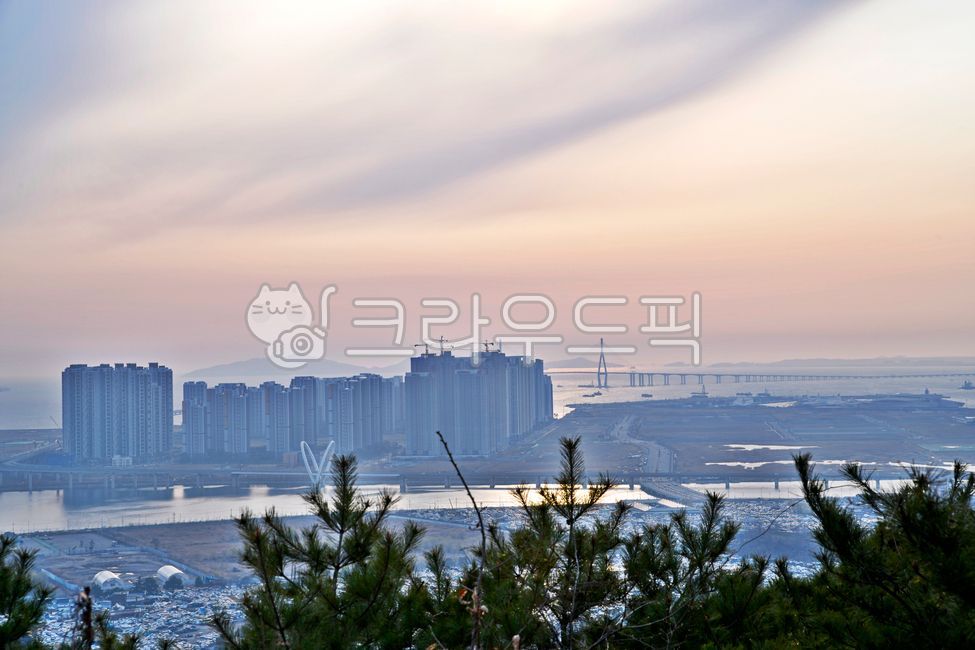 Incheon,sunset,Cheongnyangsan Mountain,Incheon cityscape,residence,Songdo New Town,apartment,building