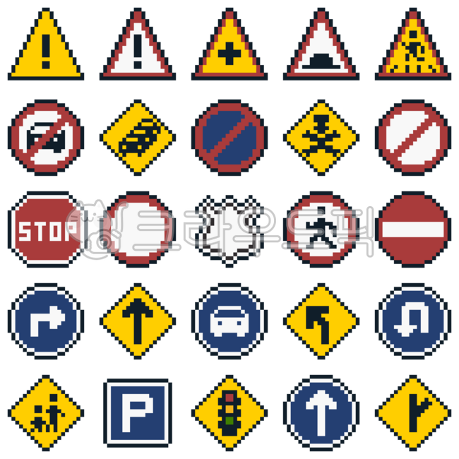 Sign,Road,Traffic,Warning,Straight,Prohibited,Danger,Crosswalk,Stop,U-turn,Left turn,Right turn,Parking,Traffic light,Pixel,Pixel art,Dot,8-bit,Game,Retro,Cute,Icon,Set