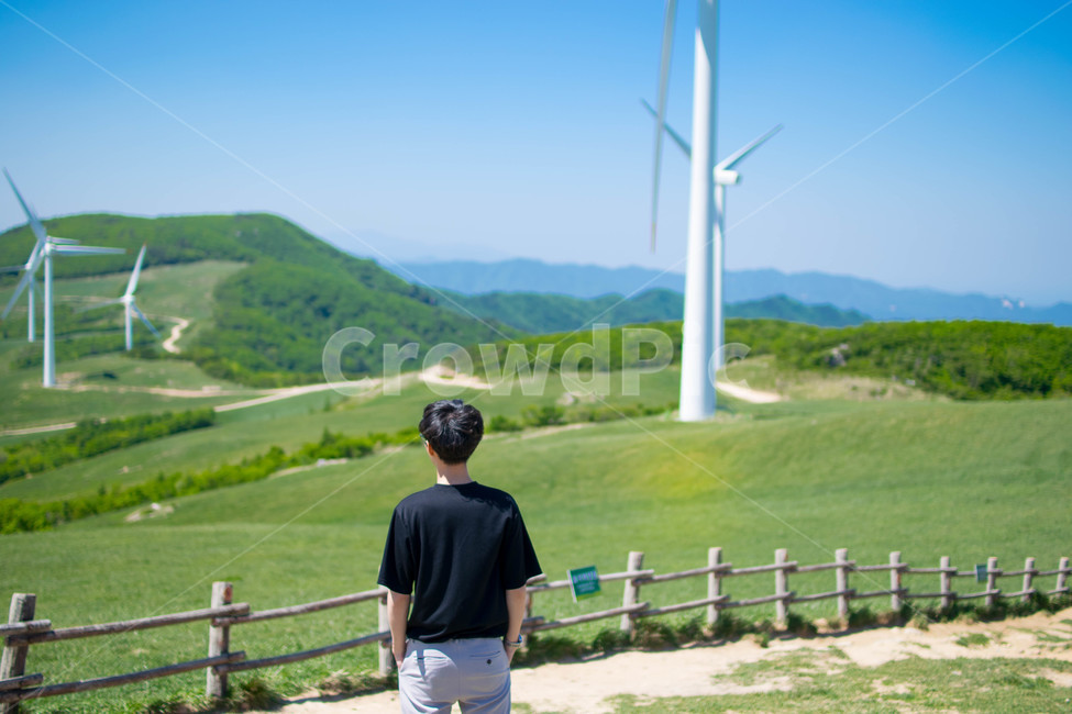 초원,양떼목장,풍력발전기,여름,산,사람,인물,인간,human,person,남성,남자,man,male,여행,휴가,traveling,vacation,trip