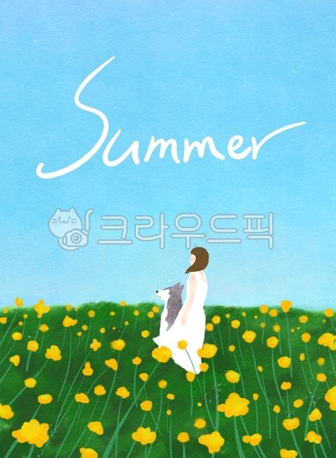 여름,계절,꽃,들판,꽃들판,개,강아지,시베리안허스키,소녀,여자,그림,일러스트,하늘,summer,season,flower,field,puppy,dog,siberianhusky,girl,woman,sky