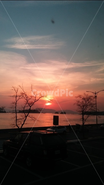 석양,하늘,바다,나무,구름,자연,풍경,nature,landscape,transportation,교통,automobile,자동차,vehicle,차량,car,차,dawn,새벽,outdoors,옥외,red sky,붉은 하늘,sunset,일몰,sky,dusk,황혼
