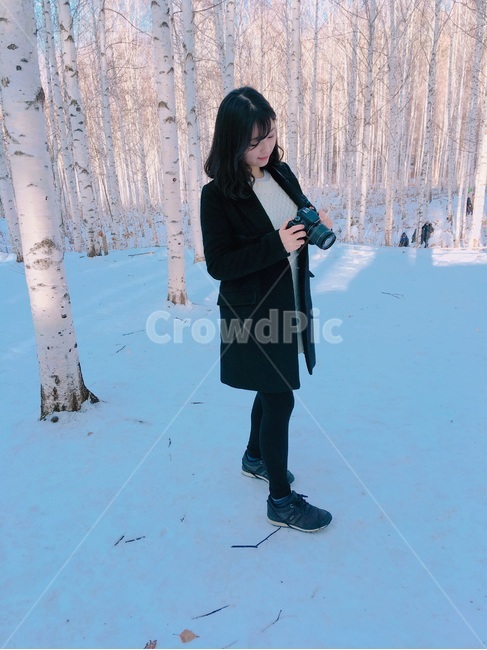 겨울,눈,숲,여자,카메라,사진,자작나무,겨울숲,겨울,계절,winter,season,사람,인물,인간,human,person,여성,여자,woman,female,lady,여행,휴가,traveling,vacation,trip,사진작가,포토그래퍼,photographer