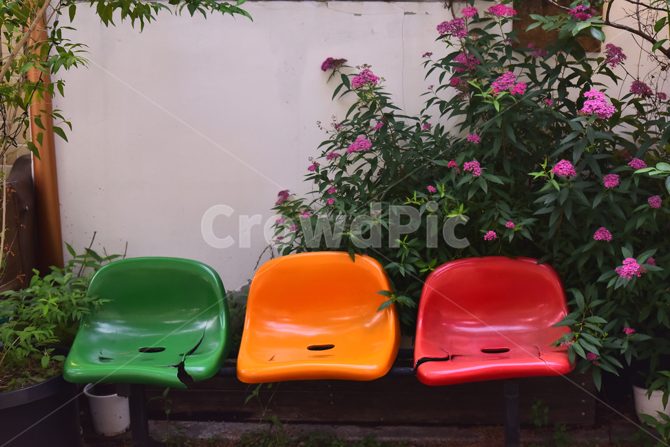 플라스틱,칼라풀,꽃,벤치,낡은,배경,바탕,백그라운드,bench,flowers,벽,담장,쉼터,빈자리,의자,녹색,빨강,주황,오렌지색