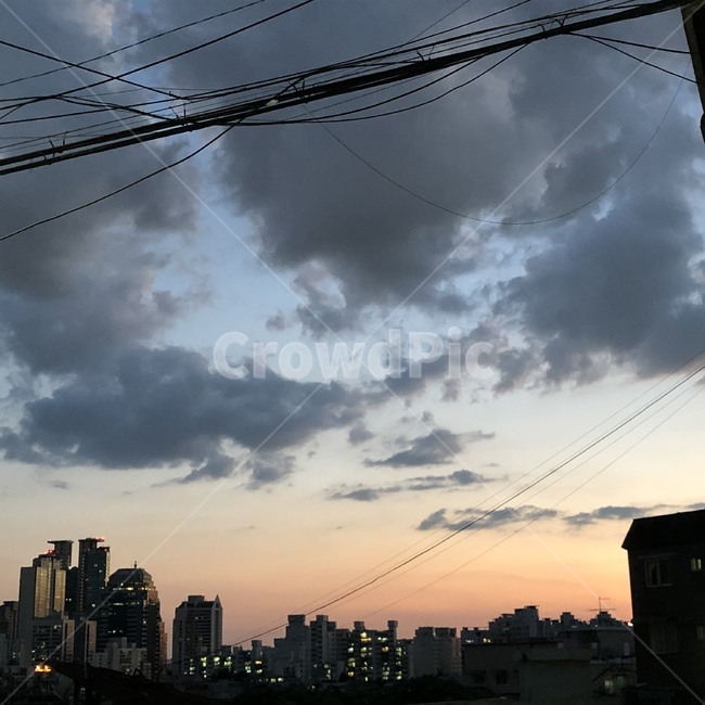 저녁,하늘,노을,분홍색하늘,핑크색하늘,전깃줄