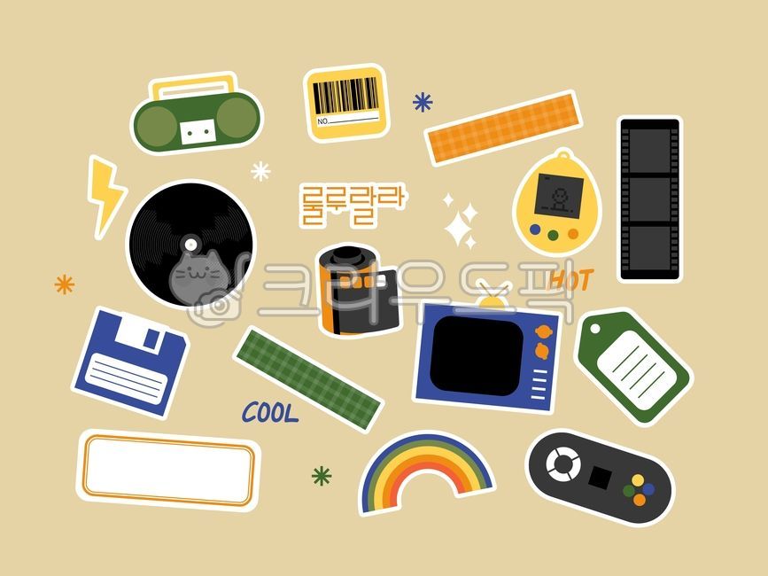 배경,아이콘,일러스트,손그림,꽃,레코드,뉴트로,레트로,게임기,라디오,티브이,사진,디스켓,복고,빈티지,스티커