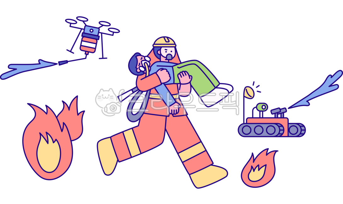 외곽선,귀여운,심플,단순한,일러스트레이션,구조,구조대,사건,사고,사람,소방관,드론,로봇,불,탱크,물뿌리다,안고뛰다,불끄다,화재,사고현장,긴박한