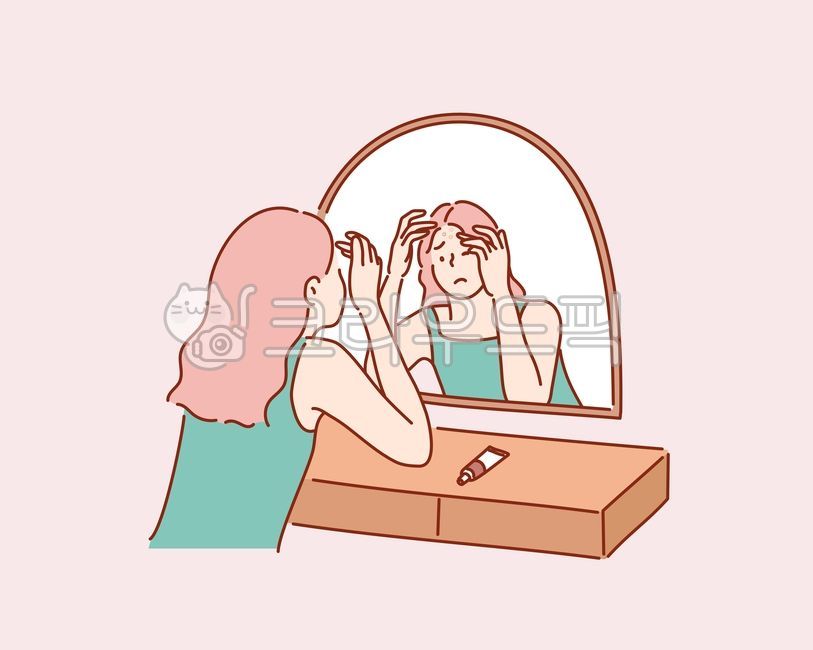 피부관리,뷰티,스킨케어,여자,일러스트,캐릭터,사람,인물,얼굴,코스메틱,상반신,피부건강,고민,문제,트러블,피지,여드름,연고,흉터,성인여드름,용품,울상,화장대,거울,피부,피부고민,불만,불평,크림,염증,이마,person,선,삽화,illustration