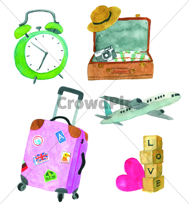 손그림,물감그림,handdrawing,watercolor,시계,clock,watch,자명종,alarm,여행가방,suitcase,travelingbag,하트,heart,비행기,plane,aircraft,airplane,aeroplane,캐리어,carrier,trunk,그래픽,일러스트레이션,graphic,illustration