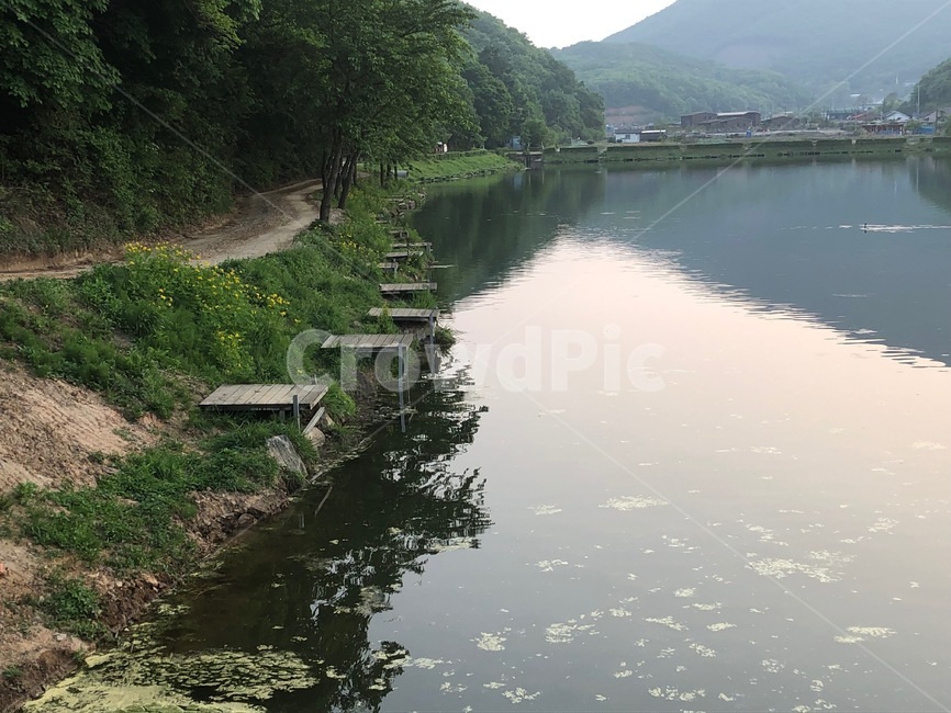 나룻터,산,호수,강가,lake