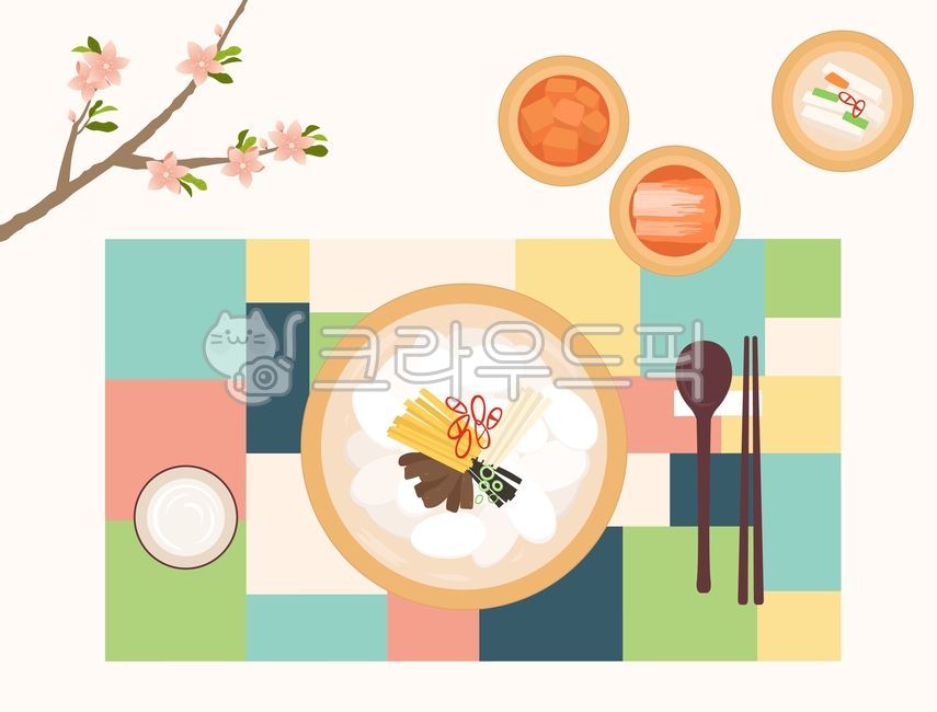 egg,tablecloth,year,traditional painting,chopsticks,New Years cards,garnish,beef,full moon of the first lunar month,dongchimi,wrapping cloth,magnolia,traditional art,leaves,cake,spoon,drawing,new year,tteokguk,new,flowers,Background,tree branches,rice cak