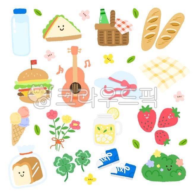 Dakku,diary decoration,diary stickers,stickers,Dakku illustrations,hand drawings,sticker illustrations,good note stickers,drawings,illustrations,cute,warm,psd,water bottles,sandwiches,picnics,baskets,baskets,baguettes,hamburgers,burger
