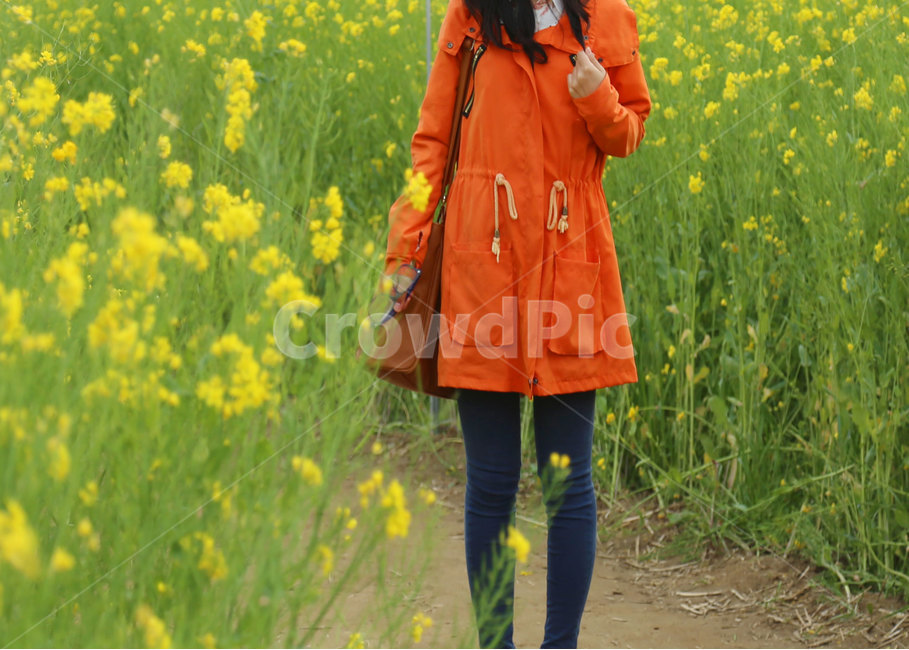 인물,봄,꽃밭,유채꽃,자켓,주황색,오렌지색,사람,person,인간,human,코트,clothing,의류,apparel,의복,coat,청바지,스키니진,꽃길