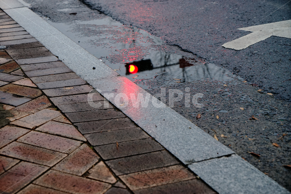 rain,deceased,distance,arrow,wet,asphalt,Red,crosswalk,light,tile,dawn,Traffic Light