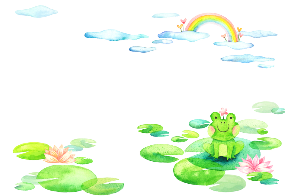 sky,pond,green,handwork,Fairytale,Lotus,leaf,summer,flower,spring,cloud,rainbow,lotus leaf,frog,illustration,Emotion,Watercolor,spare,State of the Union
