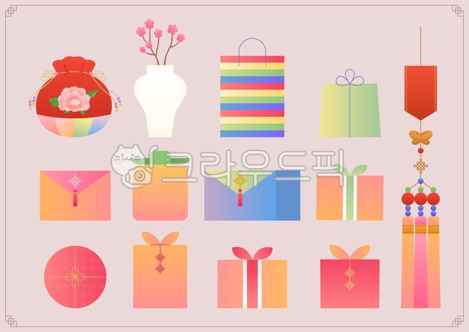 Illustration,vector,object,element,set,collection,gradient,Korea,tradition,holiday,Lunar New Year,Lunar New Year,Chuseok,Hangawi,props,gift,shopping,holiday gift,lucky bag,ceramics,flower,shopping bag,rainbow,gift box,norigae,wrap