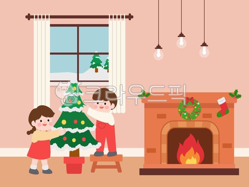 크리스마스,아이,트리장식,벽난로,실내,겨울,가족,어린이,장식,크리스마스리스,불빛,아늑한,사랑스러운,미소,행복한표정,집안,눈오는풍경,평면일러스트,파스텔톤,귀여운,어린형제,연말,크리스마스장식,화목한분위기,따뜻한느낌,빨강,초록,황토색벽난로,감성일러스트,겨울인테리어